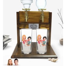 BK Gift Kişiye Özel Sevgililer Tasarımlı Ikili Rakı Bardağı ve Çift Musluklu Doğal Ahşap Rakı Standı-19