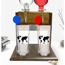 BK Gift Kişiye Özel Renkli Baskılı Dünya Haritalı Ikili Vodka Bardağı ve Çift Musluklu Doğal Ahşap Vodka Standı-1