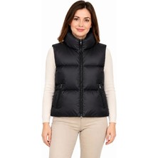Buğrahayalin Dik Yaka Saten Astarlı Fermuarlı Cepli Arkası Uzun Oval Kesim Şişme Yelek - Siyah