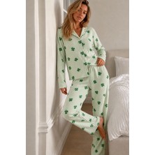 Store Lora Kadın Desenli Düğmeli Uzun Kollu Yeşil Pijama Takımı