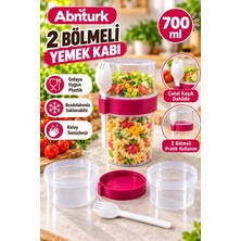 Abnturk 700ML Kaşıklı Yoğurt Yulaf Müsli Diyet Saklama Kabı Pratik Taşınabilir Kapaklı 2 Bölmeli Şeffaf Yemek Kabı Bpa Içermez