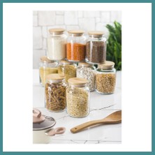 Bezos Trendexa 9 Lu Set Bambu Kapaklı Cam Kavanoz & Erzak Saklama Kabı 800 ml Orta Boy ( Vakum Kapak ) Mac