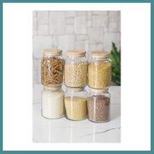 Bezos Trendexa 6 Lı Set Bambu Kapaklı Cam Kavanoz & Erzak Saklama Kabı 800 ml Orta Boy ( Vakum Kapak ) Mac