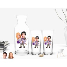 BK Gift Kişiye Özel Renkli Baskılı Sevgililer Karikatürlü Ikili Rakı Bardağı ve Karaf Hediye Seti-56