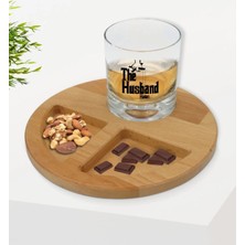 BK Gift Kişiye Özel The Husband Tasarımlı Viski Bardağı ve Doğal Masif Ahşap Yuvarlak Sunum Tabağı Çerezlik Hediye Seti-1