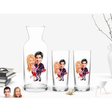 BK Gift Kişiye Özel Renkli Baskılı Sevgililer Karikatürlü Ikili Rakı Bardağı ve Karaf Hediye Seti-2