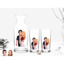 BK Gift Kişiye Özel Renkli Baskılı Sevgililer Karikatürlü Ikili Rakı Bardağı ve Karaf Hediye Seti-90