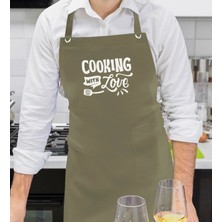 Bk Gift Profesyonel Cooking With Love Tasarımlı Haki Yeşil Mutfak Önlüğü, Aşçı Önlüğü, Şef Önlüğü, Ev Hediyesi, Arkadaşa Hediye-1
