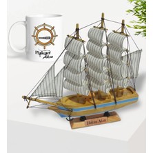 BK Gift Kişiye Özel Ahşap El Yapımı Yelkenli Gemi 26CM ve Dümen Tasarımlı Kupa Hediye Seti-5