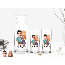 BK Gift Kişiye Özel Renkli Baskılı Sevgililer Karikatürlü Ikili Rakı Bardağı ve Karaf Hediye Seti-80