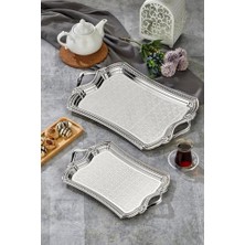 Trendexa Cooker Evenia Metal Dikdörtgen Gümüş Sunum Tepsisi, 2'li Set, 49X30 cm ve 37X23 cm