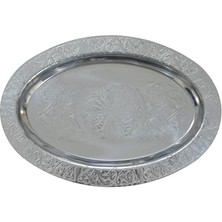 Trendexa Paslanmaz Çelik Tepsi – 304 Kalite Krom Parlak Yüzey, Elde Tasarlanmış Desenli Geniş Servis ve Sunum Tepsisi (34 Cm)