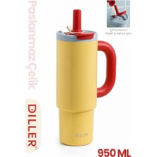 Trendexa Dıller Tumbler 950 ml Tek Kapak Çift Kullanım Pipetli Rahat Içim Kulplu Paslanmaz Çelik Termos F9511 Sarı