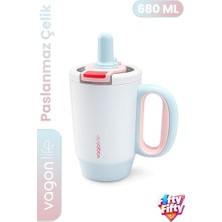 Trendexa 680 ml Tek Kapak Çift Kullanım Pipetli Rahat Içim Kulplu Paslanmaz Çelik Termos Mug FFVGN1113-680 ml Mavi