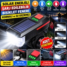Milas Toptan Solar Enerjili USB ile Şarj Edilebilir Ledli Bisiklet Feneri Kornalı ve Su Geçirmez Far (Adet Fiyatıdır)