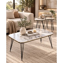 Odera Efes Beyaz Mermer Desenli Orta Sehpa ve Yuvarlak Zigon Sehpa 4'lü Set Siyah Tel Metal Ayaklı Retro Modern Salon Sehpası