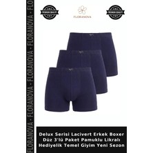 Floranova Delux Serisi Lacivert Erkek Boxer Düz 3'lü Paket Pamuklu Likralı Hediyelik Temel Giyim Yeni Sezon