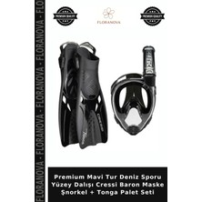 Floranova Premium Mavi Tur Deniz Sporu Yüzey Dalışı Cressi Baron Maske Şnorkel + Tonga Palet Seti