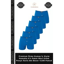 Floranova Premium Örme Kumaş Iç Giyim Pamuklu 6'lı Paket Mavi Erkek Penye Havlu Bel Boxer %100 Pamuk
