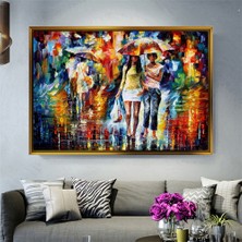 Giyense Tablo Yağmurda Şemsiyeli Kadınlar Yağlı Boya Görünümlü Çerçeveli Tablo Renkli Modern Sanat Duvar Dekoru Salon Tablosu