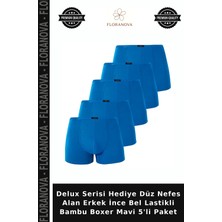 Floranova Delux Serisi Hediye Düz Nefes Alan Erkek Ince Bel Lastikli Bambu Boxer Mavi 5'li Paket