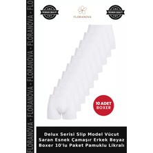 Floranova Delux Serisi Slip Model Vücut Saran Esnek Çamaşır Erkek Beyaz Boxer 10'lu Paket Pamuklu Likralı