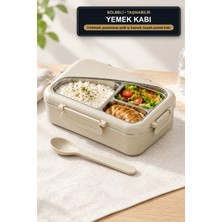 Viracasa 3 Bölmeli Paslanmaz Çelik Yemek Kabı Kaşıklı Klipsli Kapaklı Beslenme Kutusu Bej