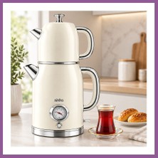 Ren.ga.renk Elektrikli Retro Çay Seti 1600W Cam Demlik 1.8l+1l Derece Göstergeli Rengaren