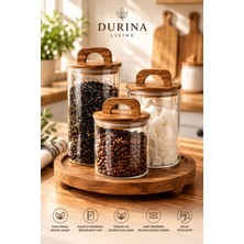 Durina Living 3’lü Cam Kavanoz Seti Ahşap Standlı Akasya Kapaklı Borosilikat Cam Kavanoz – 1300 ml 950 ml 550 ml Mutfak Saklama Kabı