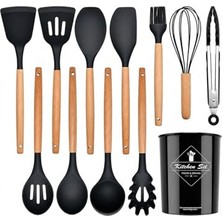 Pratik Ev 12 Parça Bambu Saplı Silikon Mutfak Seti Kaşıklıklı, Siyah, Isıya Dayanıklı Spatula Kepçe Çırpıcı Maşa Seti