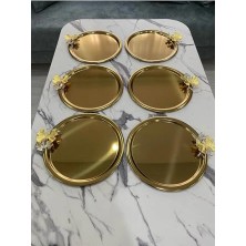 Pratik Ev 6'lı Kelebekli Yuvarlak Gold Sunum Tepsisi Dekoratif Servis Tepsisi Çay, Kahve 22 cm
