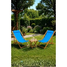 aklow akyoleticaret Ahşap Katlanır Şezlong Set, 2 Şezlong ve 1 Sehpa, Mavi Minderli, Modern Stil, Balkon, Bahçe, Teras ve Plaj Için