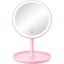 aklow akyoleticaret Ayna, LED Işıklı Masaüstü, Dokunmatik Kontrol, Tepsili Taban, Kozmetik Model, Makyaj Aynası (Pembe, Oval)