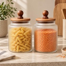 Kazan Hobi 2'li 1200 ml Akasya Kapaklı Çizgili Cam Kavanoz Saklama Seti