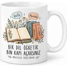 Alfa Tshirt Ingilizce Öğretmenine Hediye Kitap ve Çiçek Tasarımlı Kupa Bardak 300 ml