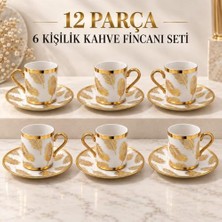 Kazan Hobi 12 Parça 6 Kişilik 80 ml Türk Kahvesi Fincan Takımı Gold Yaprak Desenli K654-B