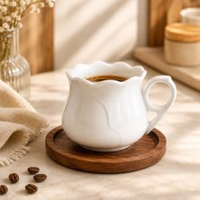 Kazan Hobi Kahve Fincanı, 6 Kişilik 12 Parça Porselen Seti, 250 ml Dalga Kenarlı Beyaz Fincan ve Koyu Akasya Ahşap Altlık Takımı