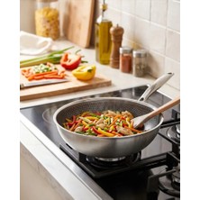 Russet 30 cm Paslanmaz Çelik Wok Tava Indüksiyon Uyumlu 5 Katmanlı Petek Yüzeyli