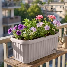 Kazan Hobi Saksı, Askılı Sütun Balkon Çizgi Desenli Hazneli Mat Plastik Saksı (Bej Askısız, 5.9 L)