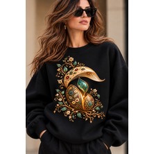 Giovera Gıovera Çiçek Motifli Kadın Siyah Premium Oversize Sweatshirt