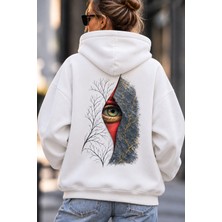 Giovera Gıovera Mystic Eye Gizemli Bakış Kadın Beyaz Premium Oversize Kapüşonlu Sweatshirt Hoodie -