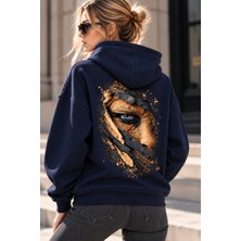 Giovera Gıovera Golden Gaze Altın Bakış Kadın Lacivert Premium Oversize Kapüşonlu Sweatshirt Hoodie -