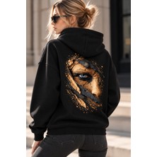 Giovera Gıovera Golden Gaze Altın Bakış Kadın Siyah Premium Oversize Kapüşonlu Sweatshirt Hoodie -