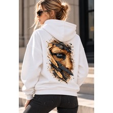 Giovera Gıovera Golden Gaze Altın Bakış Kadın Beyaz Premium Oversize Kapüşonlu Sweatshirt Hoodie -