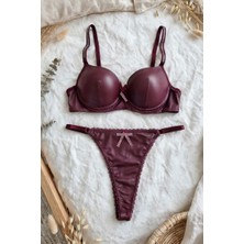 R.Y Lingerie Kadın Bordo Deri Destekli C Kap Sütyen Takımı