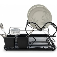 Kawin Orret Home Siyah Metal 2 Katlı Bulaşıklık, Paslanmaya Dayanıklı Tezgah Üstü Bulaşık Kurutma Rafı, Dalgalı Tabaklık, Bardaklık, Çıkarılabilir Çift Kaşıklık ve Su Toplama Tepsili, 47 x 35 x 24 cm