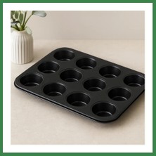 Bezos 12 Gözlü Metal Muffin Kek Kalıbı - Siyah (Düz) BEZOS16