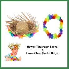 Bezos Hawaii Tarzı Tropikal Çiçekli Hasır Şapka ve Çiçekli Hawaii Kolye BEZOS16