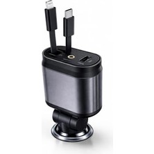 66W Hızlı Araç Şarj Cihazı, 4’ü 1 Arada Geri Çekilebilir Kablolu Araç Içi Şarj Adaptörü, Lightning + Type-C Kablo, Usb-A ve Usb-C Port, 12V/24V Çakmaklık Uyumlu