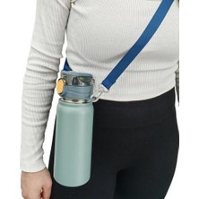 Happy Trend Çelik Su Matarası - 600 ml - Askılı - Pipetli Veya Pipetsiz Çelik Suluk (Mavi)